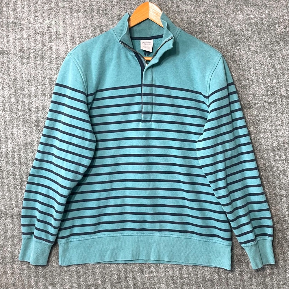 Brooks Brothers Mens Large Teal Navy Striped Quarter‎ Zip Pique Pullover Sweater